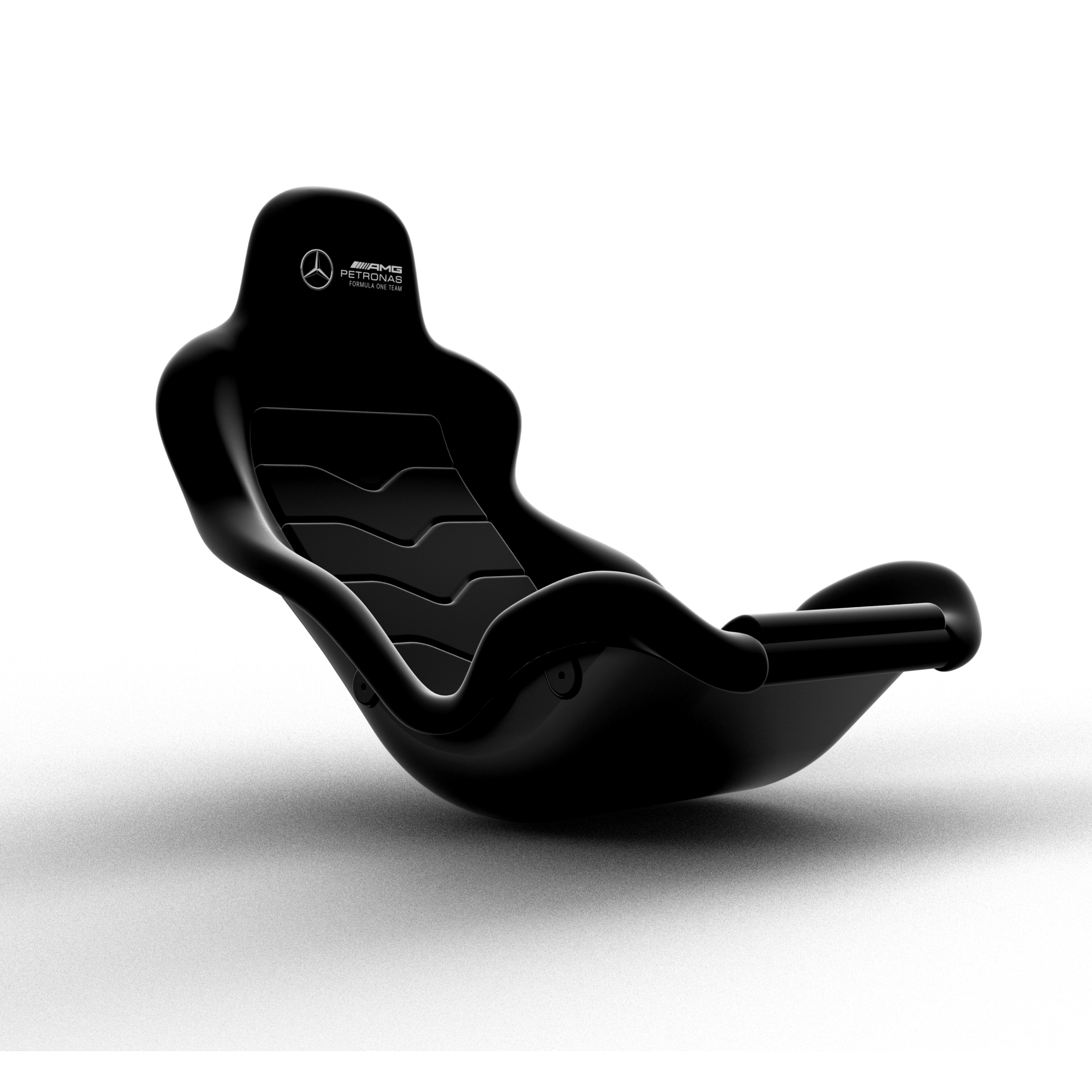 Mercedes-AMG F1 Team sim racing seat on a white background.