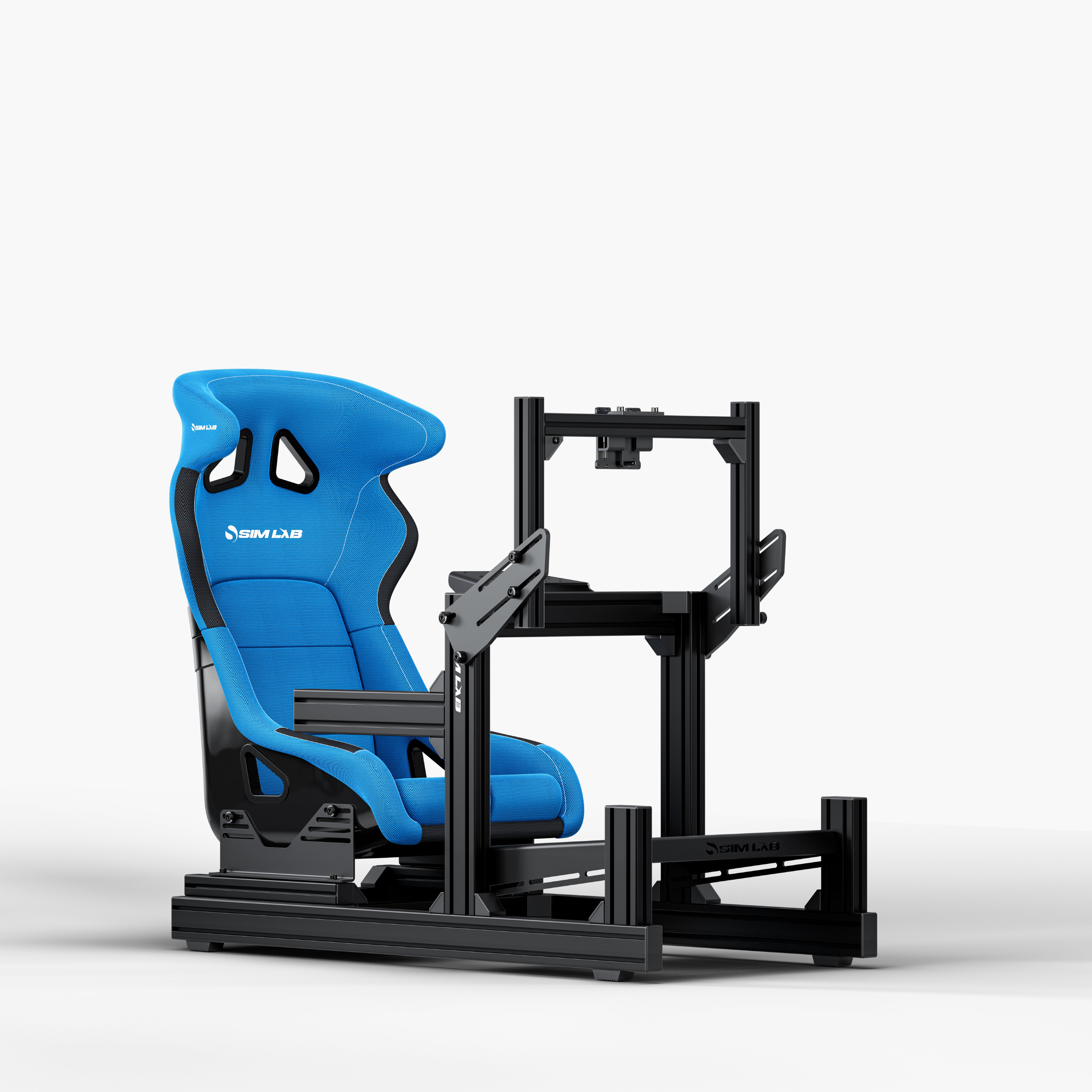 GT1 EVO Sim Racing Cockpit with S1 Enduro GT Seat in blue and integrated single monitor mount
