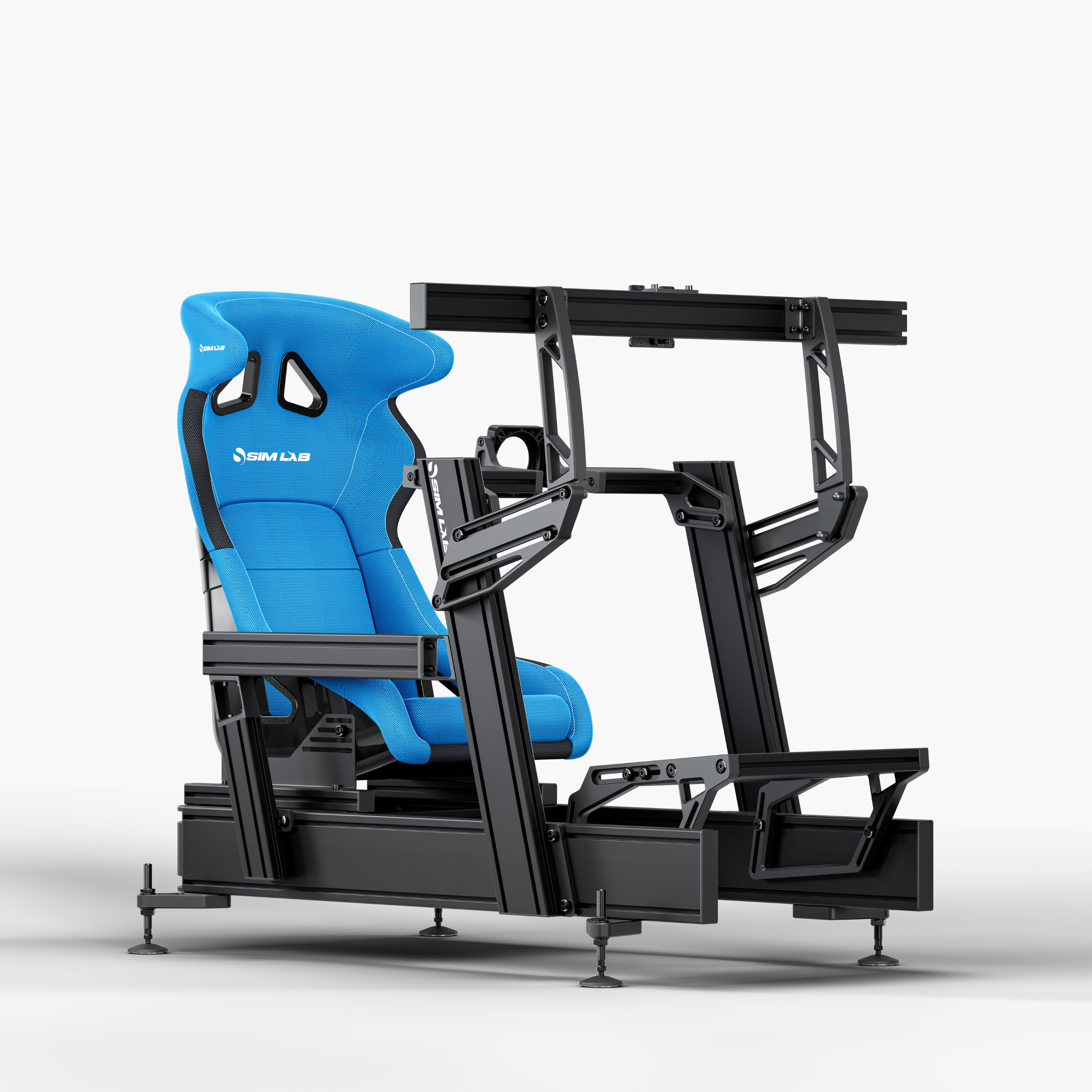 P1X Pro Sim Racing Cockpit with front mount, S1 Enduro GT Seat in blue and integrated single monitor mount