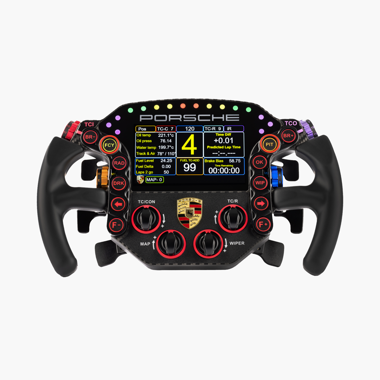 A stunning carbon fiber face crowned with the Porsche crest, lined with vibrant buttons and a sleek LED rev strip.