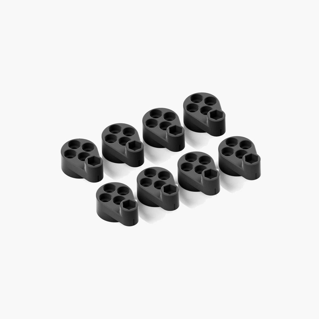 Triple pivot adapters for connecting triple monitor mount profiles.